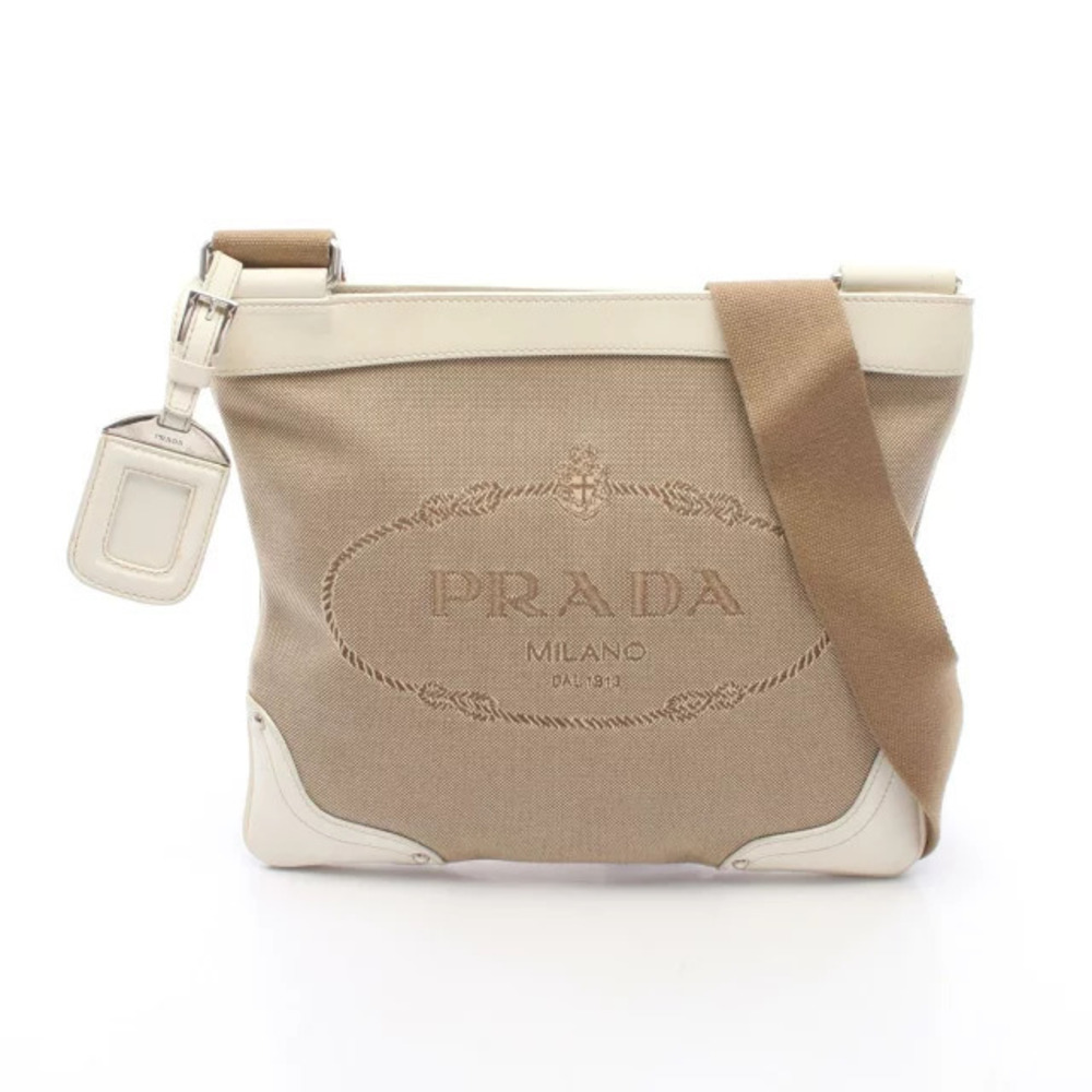 Prada Jacquard Shoulder Bag Canvas Leather Beige Cream Ivory White